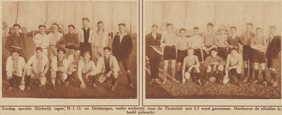 870911 Collage van 2 elftalfoto's van de voetbalclubs Elinkwijk (Zuilen) en N.I.O. (Driebergen) bij hun onderlinge ...
